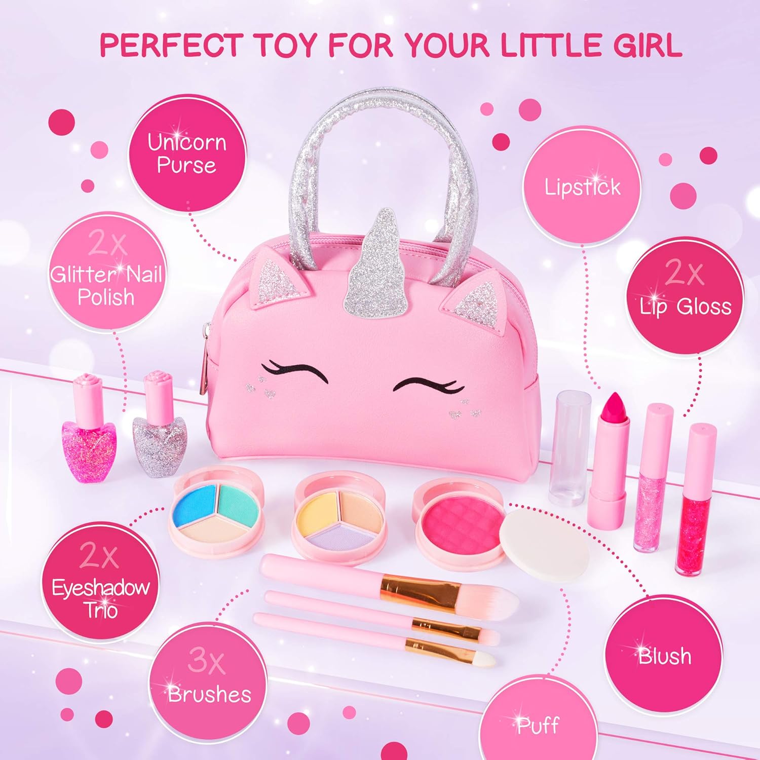 Skiennix Kids Real Makeup Kit - Non-Toxic Washable Set with Pink Unicorn Purse | Perfect for Ages 4-8