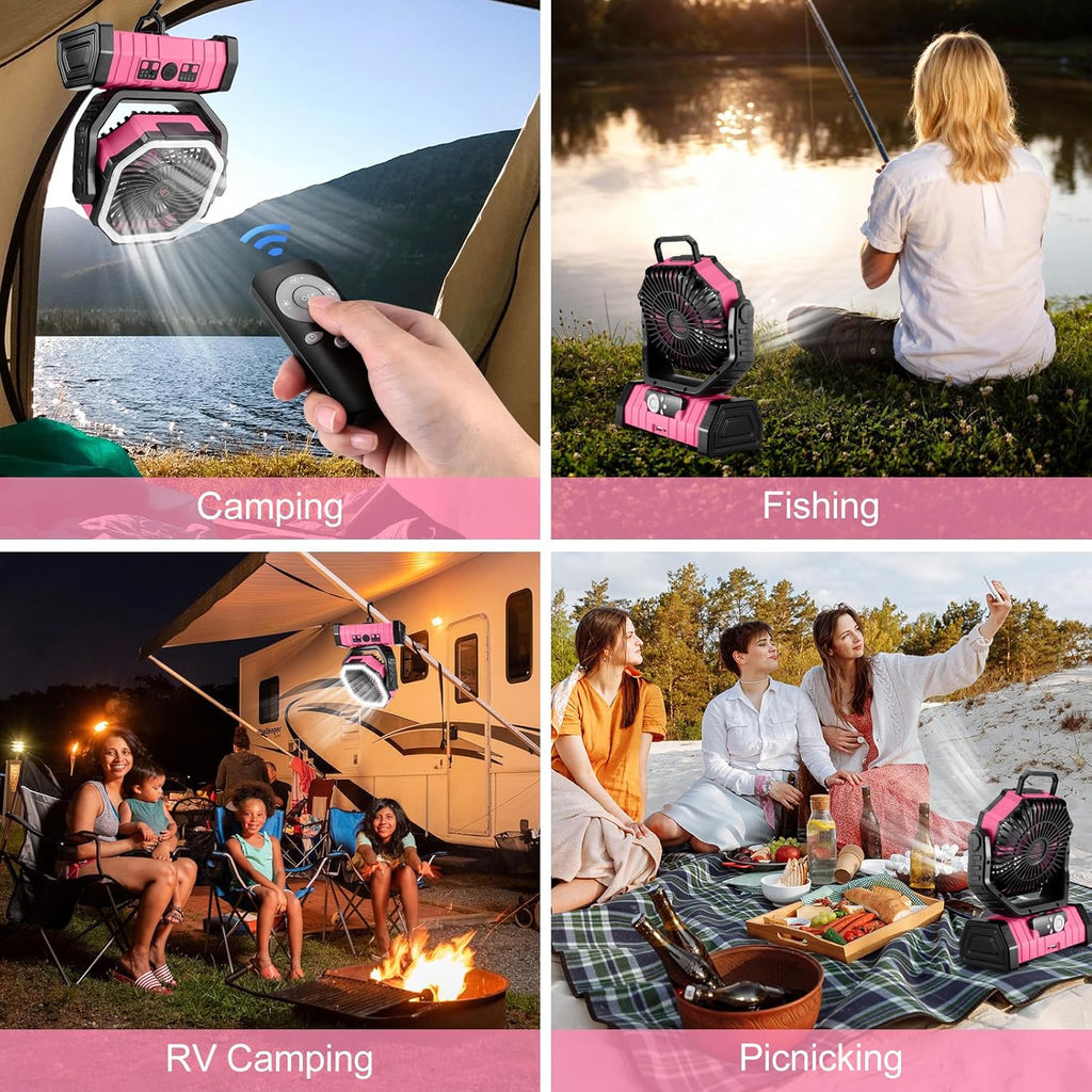 Odoland 30000mAh Camping Fan - Rechargeable LED Lantern & Oscillating Tent Fan | Portable with Remote, 4 Speeds, Pink