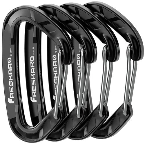 FresKaro 15kN Heavy Duty Wiregate Carabiners Clips, Wire Gate Spring Snap Quick Draws, for Camping Hiking, Hammocks, Aluminium Caribeaners for Backpacking and Dog Leash, 4Pack, Black, Medium Size
