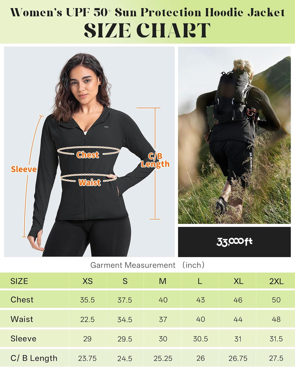 33,000ft Women's Lightweight UPF 50+ Sun Protection Hoodie Jacket - Long Sleeve Zip-Up for Hiking & Running