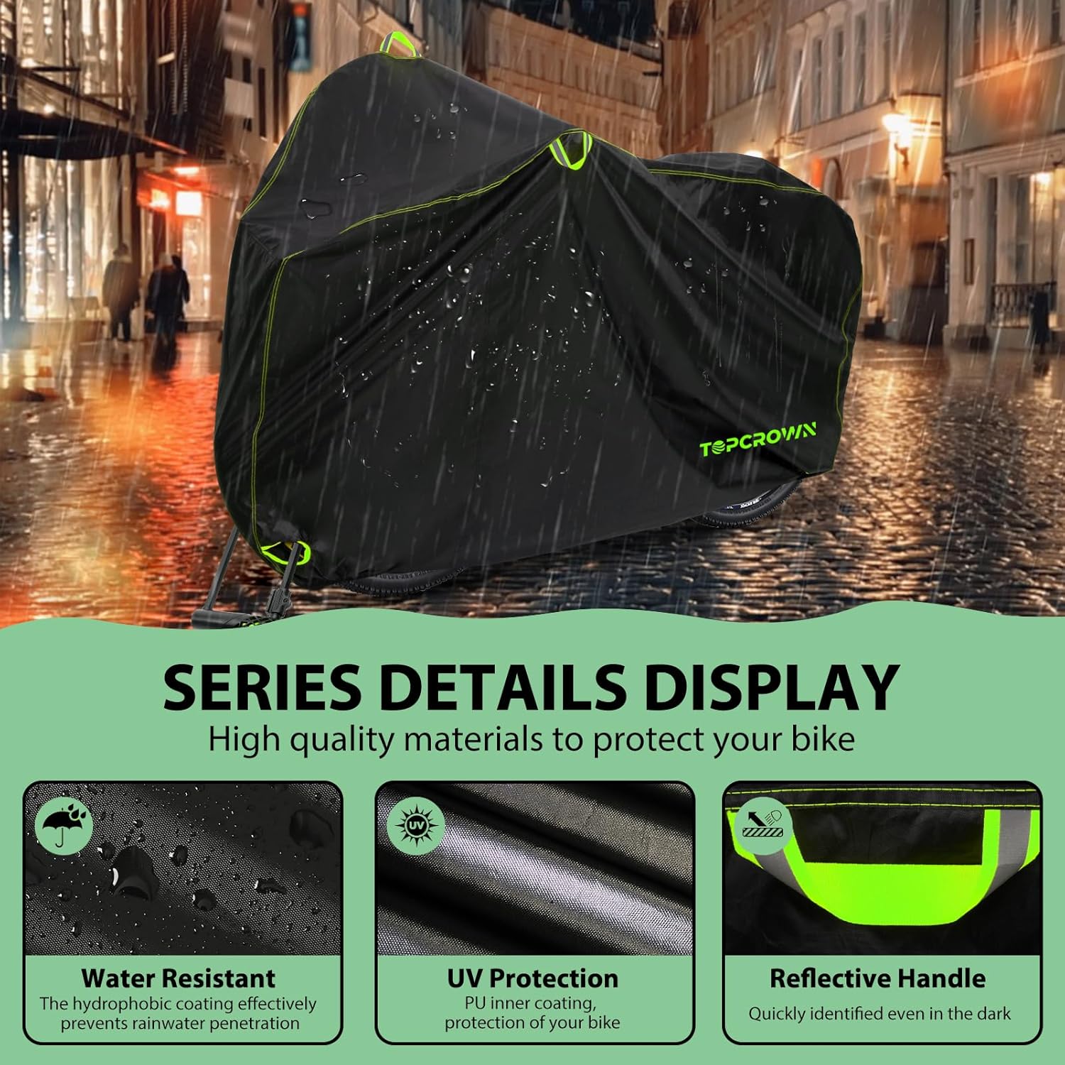 Topcrown Waterproof Bike Cover - Outdoor Storage for 1 Bike | UV, Dust & Wind Proof, XL Size (Black & Green)
