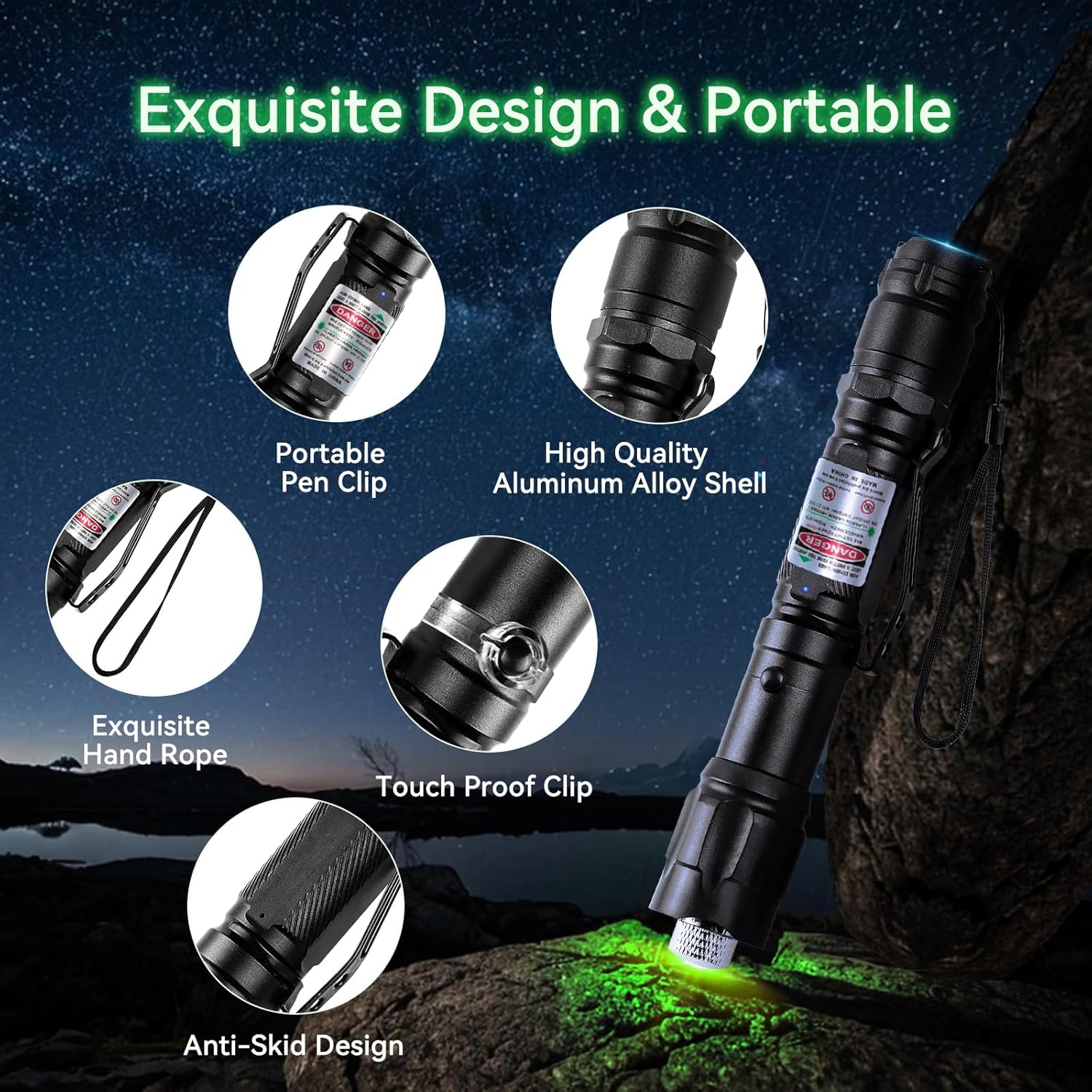 Skiennix Rechargeable Green Light Flashlight - Long Range Adjustable Focus for Outdoor Use & Presentations