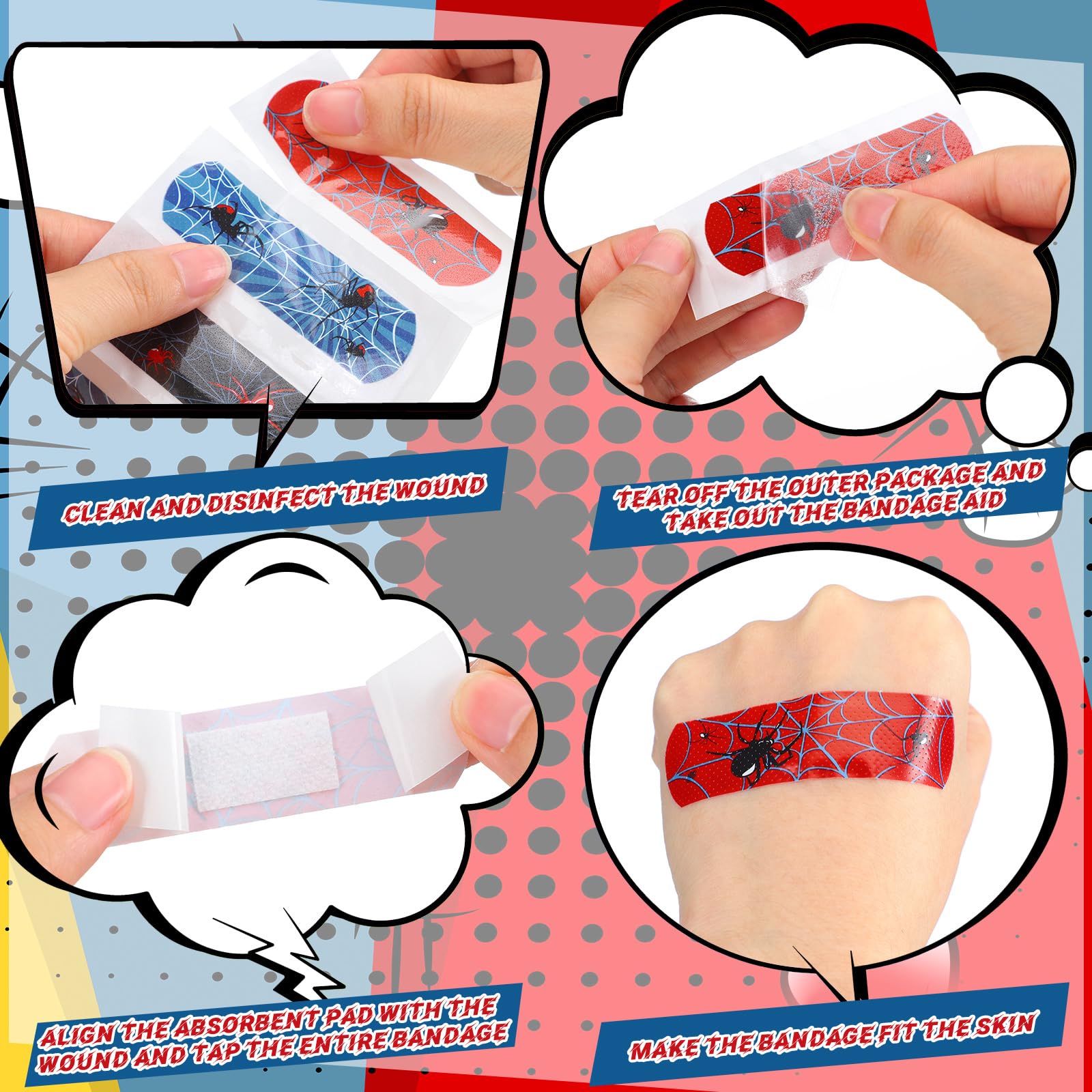Patelai 10 Styles Kids Bandages Bulk Children's Adhesive Colorful Cute Bandages Waterproof Breathable Stickers Flexible Cartoon Protection Care Cuts for Girls Boys(Spider)