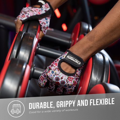 Contraband Pink Label 5237 Womens Designer Workout Gloves | Sugar Skull Print w/Grip-Lock™ Padding (White, X-Small)