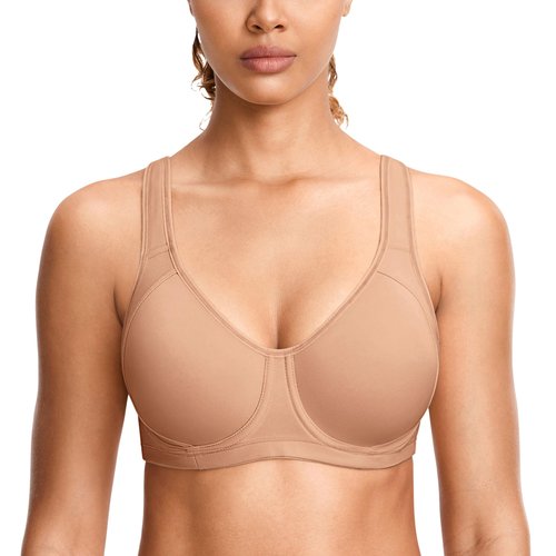 SYROKAN High Impact Sports Bras for Women Support Underwire Cross Back Large Bust Cool Comfort Molded Cup Barely Buff 36DD