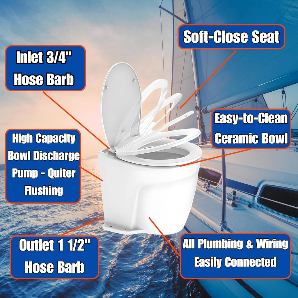 SEAFLO 12V Deluxe Electric Marine Toilet - Ceramic Bowl with Soft Close Seat & Built-In Macerator | Quiet Freshwater Flush, 4-Year Warranty