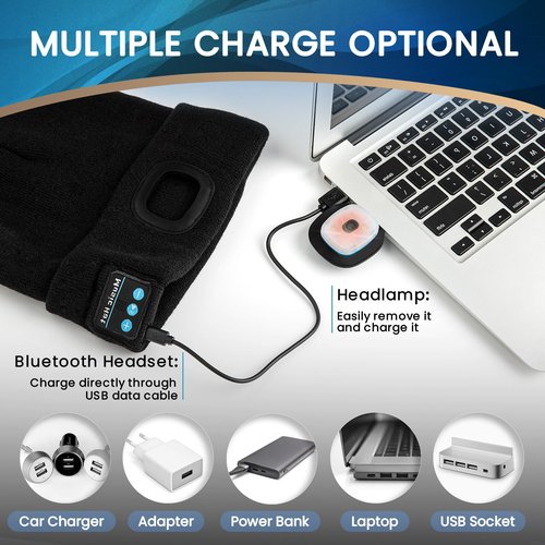 VIBELITE Bluetooth Beanie Hat with Light, Gifts for Men, USB Rechargeable LED Headlamp with Wireless Headphones, Birthday Gifts for Men, Dad, Him, Teen Boys, Husband, Women, Boyfriend, Black