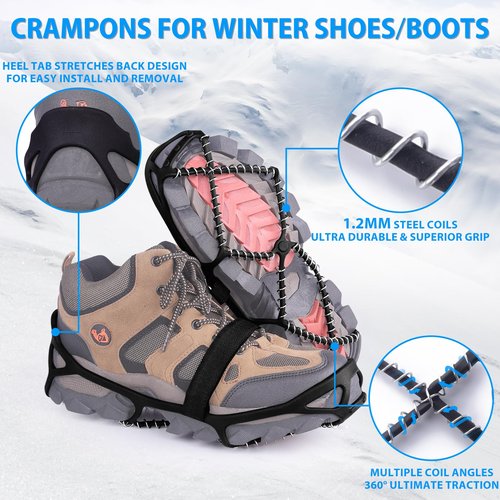 Sfee 2 Pairs Ice Cleats Ice Grippers for Shoes and Boots, Crampons Traction Cleats for Walking on Snow and Ice Anti-Slip Flexible Footwear Snow Grips for Walking Climbing Hiking Jogging with 4 Straps