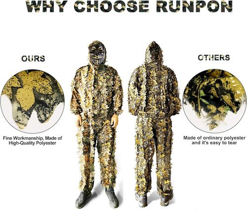 Ghillie Suit | Lightweight Hooded Camouflage Outfit for Hunting - Includes Gloves, Face Mask & Bag