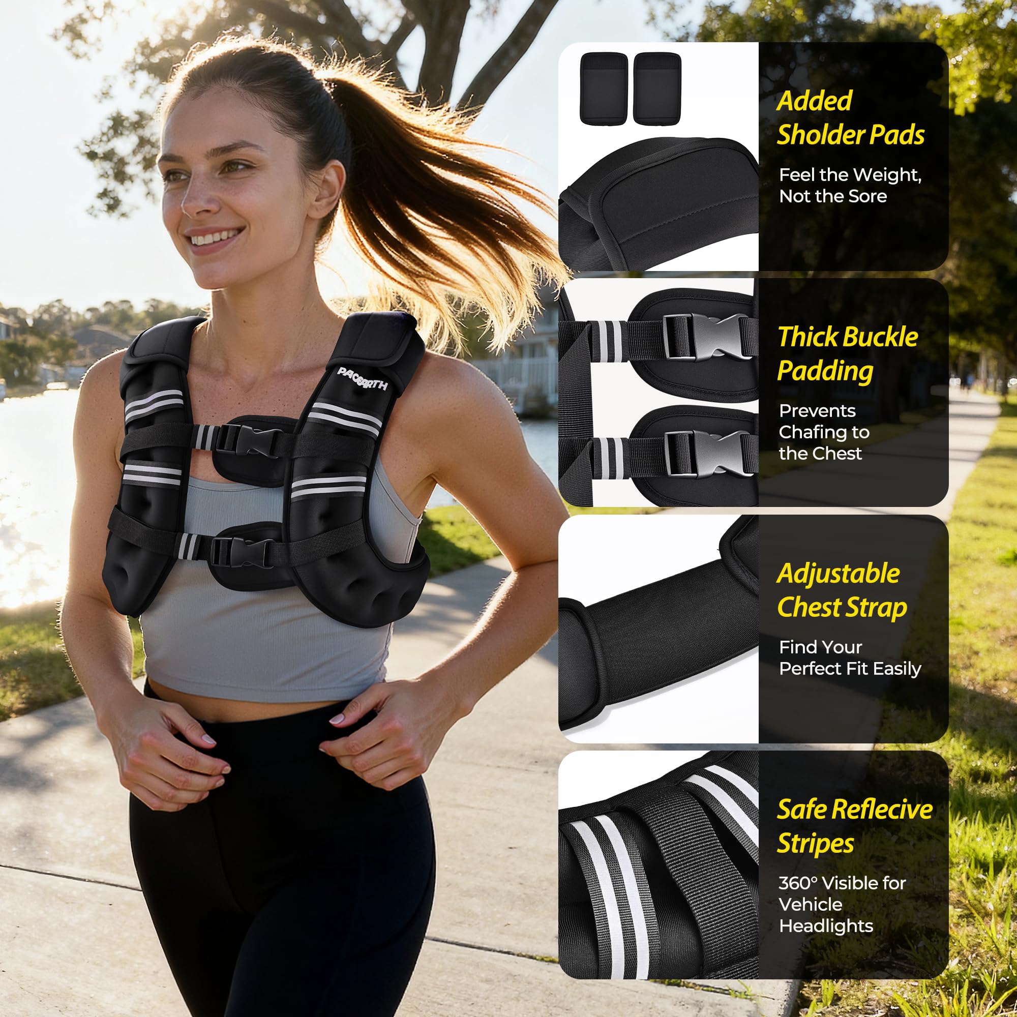 PACEARTH Weighted Vest, 6lb/12lb/16lb/20lb/25lb/30lb Weight Vest with Reflective Stripe, Body Weight Vests Adjustable for Men, Women Workout, Strength Training, Running, Walking, Jogging