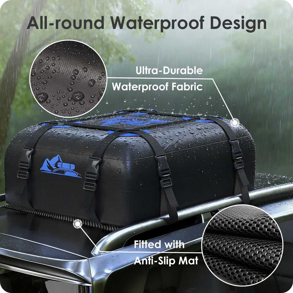Skiennix Car Rooftop Cargo Carrier Bag - 100% Waterproof, 15 Cubic Feet, Heavy Duty | Includes Anti-Slip Mat & Straps (Blue)