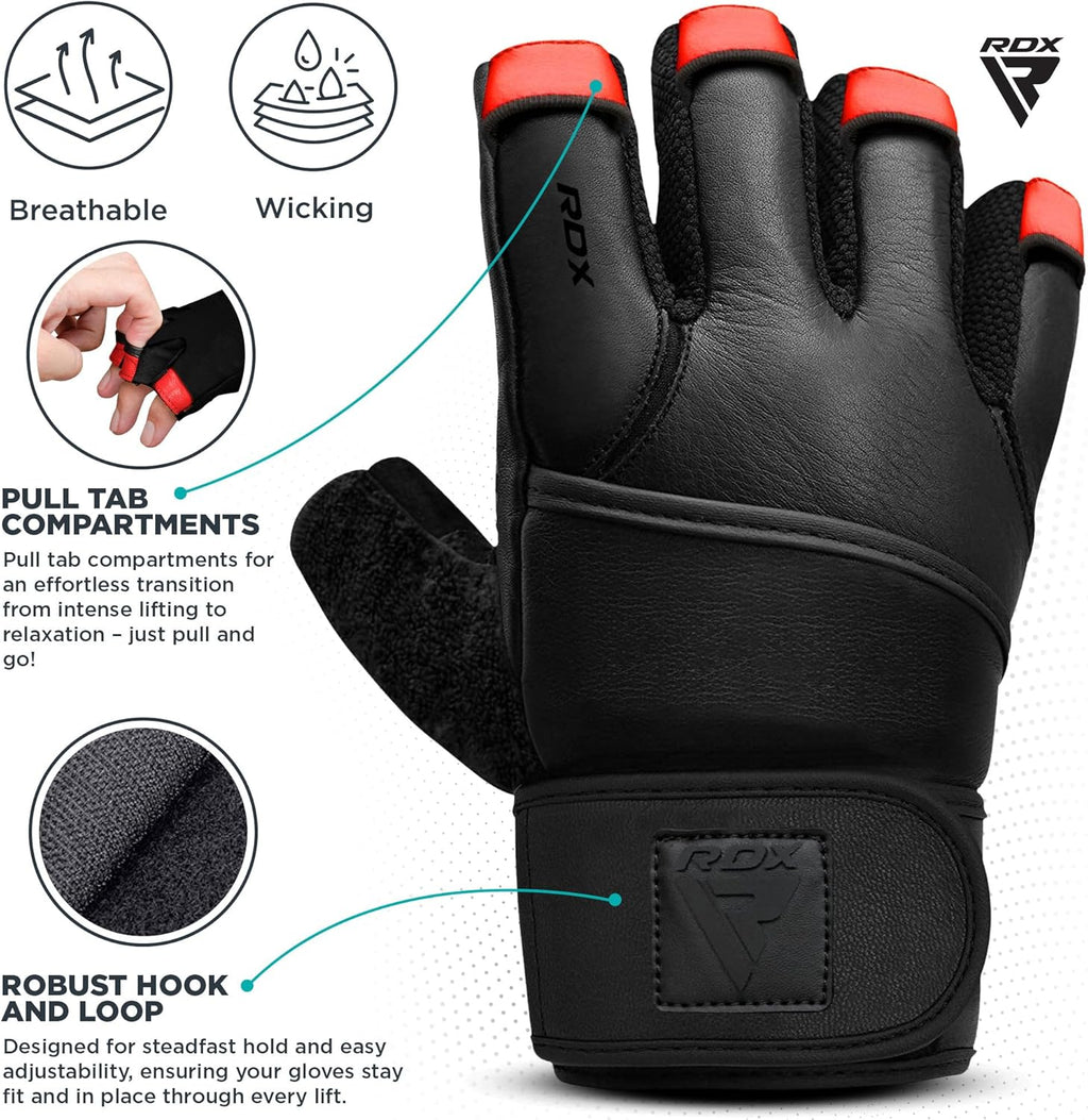 RDX Weight Lifting Gloves - Maya Hide Leather with 50CM Wrist Support for Full Palm Protection | Ideal for Powerlifting & Bodybuilding