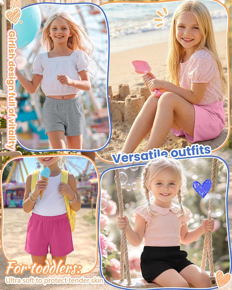 Oakgarden 4 Pack Girls Bike Shorts - Pink, Rose Red, Light Gray, Black 7-8 Years