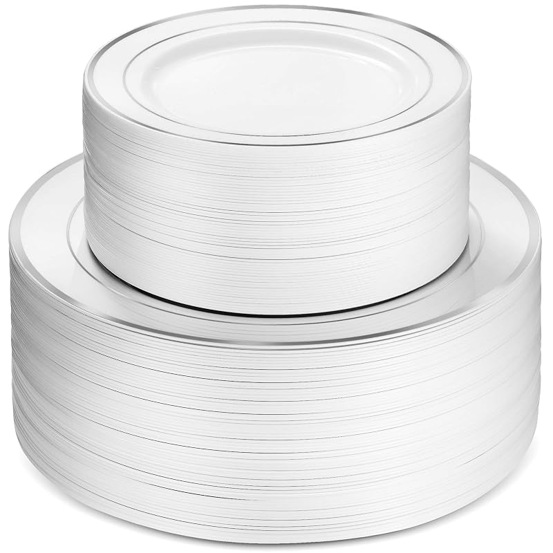 10 Inch Dinner Plates & 7 Inch Salad Plates Combo Set - 100 Pcs, Silver Rim