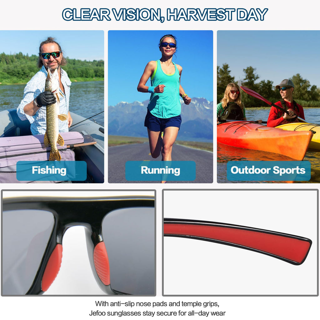 Jefoo Polarized Sunglasses for Men Women, Fishing Cycling Running Driving Golf Sports Floating Square Glasses UV Protection