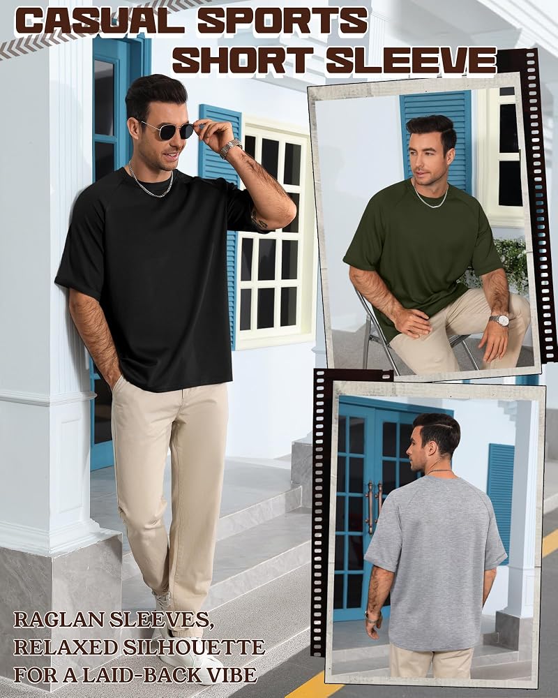 August Alley 3 Pack Mens Oversized T-Shirts - Black, Light Heather Gray, Army Green (Large)