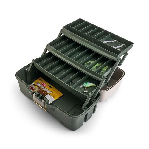Plano Three-Tray Tackle Box Bass Kit, Tan/Green, Rust-Proof Brass Latch, Top-Access Tray Compartments with Deep Storage, Made in the USA, Portable Fishing Gear Storage Organizer
