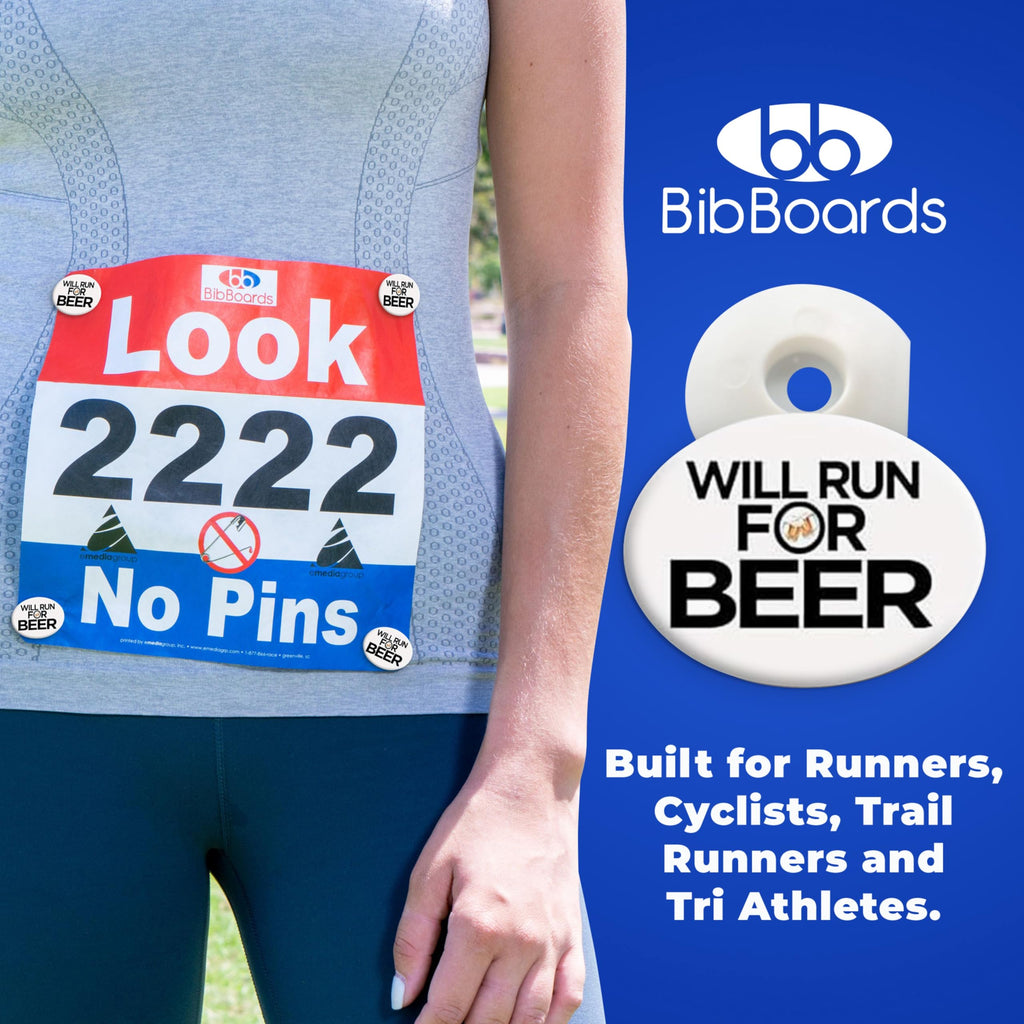 bibSNAPS Race Bib Clips - Safety Lock Fasteners - Secures Running, Marathon, Cycling & Event Number, Non Magnetic, Easy to Use, Soft & Reusable, Replacement for Pins & Magnets, Will Run for Beer(4pcs)