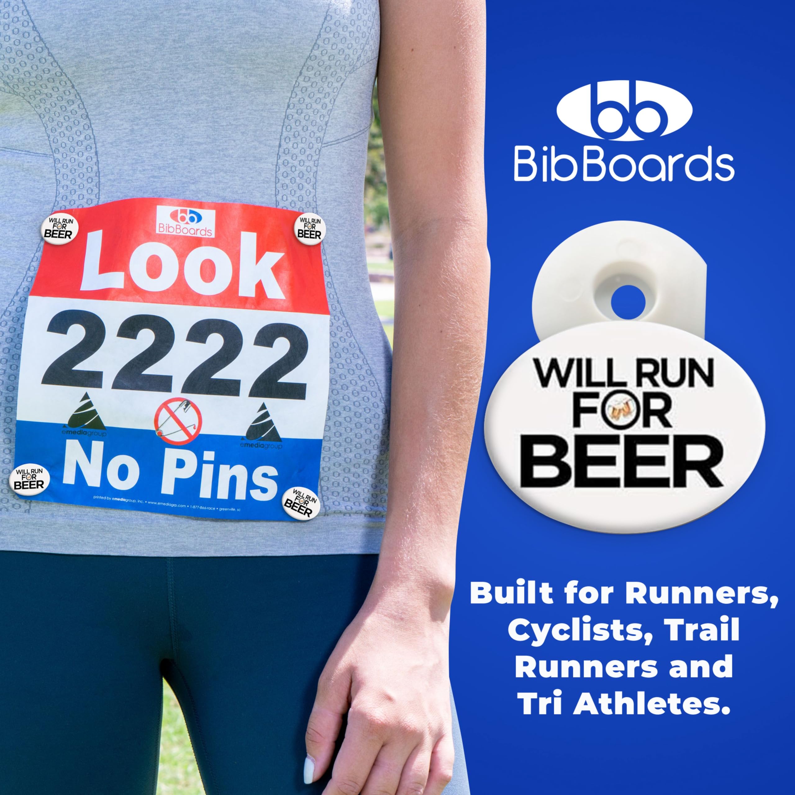 bibSNAPS Race Bib Clips - Safety Lock Fasteners - Secures Running, Marathon, Cycling & Event Number, Non Magnetic, Easy to Use, Soft & Reusable, Replacement for Pins & Magnets, Will Run for Beer(4pcs)