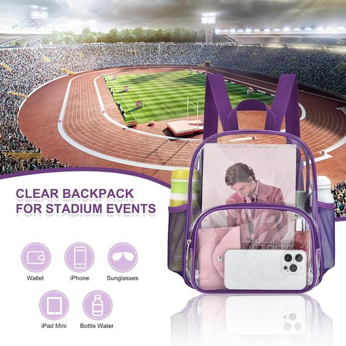 Busiuw Clear Stadium Backpack - 12x12x6 with Front Pocket for Concerts & Sports | Purple