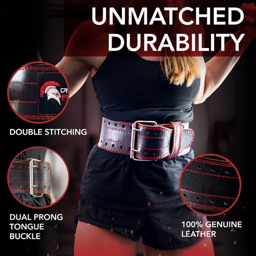 Dark Iron Fitness Genuine Leather Weightlifting Belt, 4 Inch Wide for Men Women with Double Prong Buckle Reinforced Stitching, Powerlifting Deadlift Squat Training Core Support Gym Strength Workout