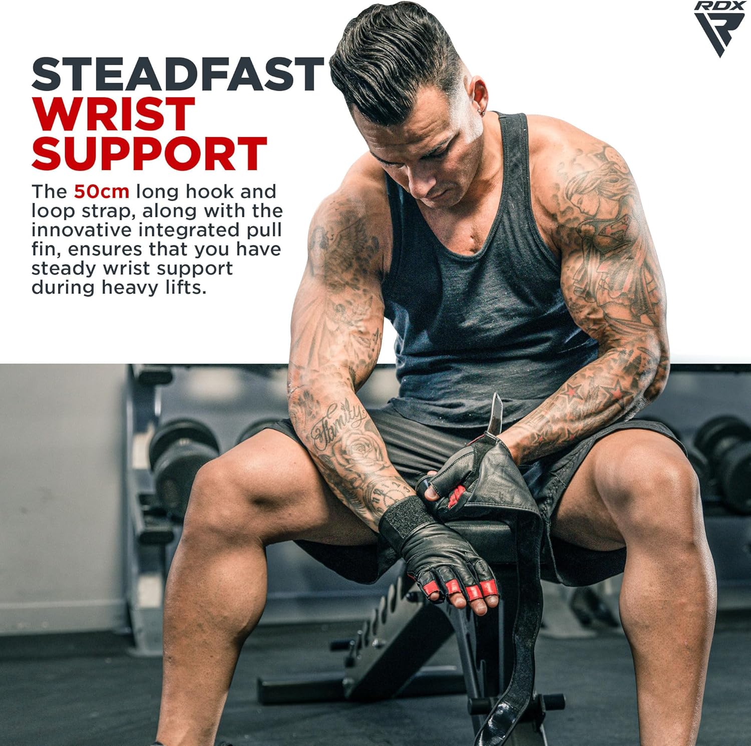 RDX Weight Lifting Gloves - Maya Hide Leather with 50CM Wrist Support for Full Palm Protection | Ideal for Powerlifting & Bodybuilding