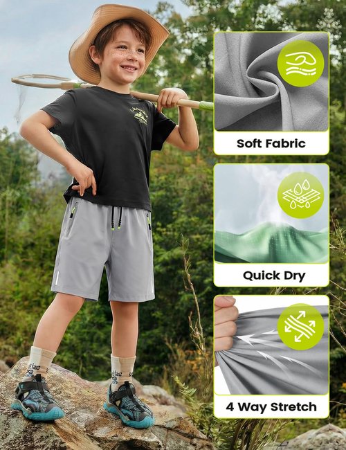 Gihuo Boys Shorts Quick Dry Athletic Shorts Kids Lightweight Outdoor Running Shorts with Zipper Pocket(BlackDarkGreyLightGrey-13Y)