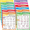 gisgfim 12PCS Workout Posters for Home Gym Dumbbells, Bodyweight, Stretching, Resistance Bands, Yoga, Kettlebells Exercise Chart Full Body Workout Poster Set Muscle Engagement Chart Garage Gym Decor
