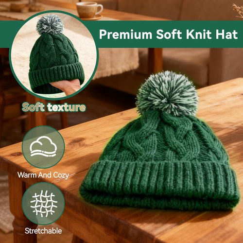 WDAIYEK Slouchy Chunky Knit Beanie with Pom Pom - Cozy Winter Bobble Hat for Women and Men Dark Green