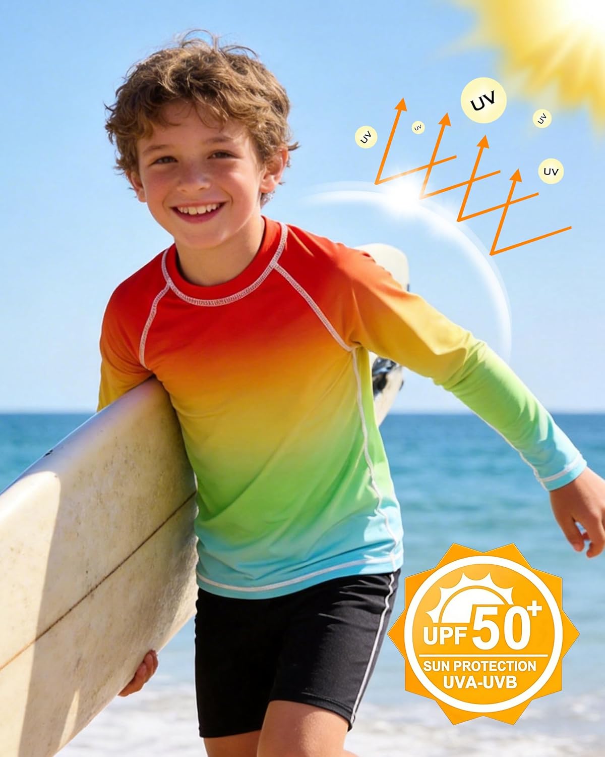 Skiennix Boys' Long Sleeve Rash Guard - UPF 50+ UV Protection Swim Shirt for Beach & Surf