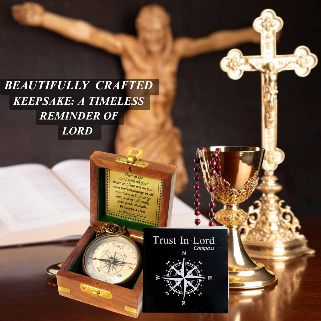 Trust in The Lord with All Your Heart -Proverbs 3: 5-6 Quote Engraved Compass with Wooden Box, Baptism Gifts for Boys, Inspirational Gifts Men, Graduation Day Gifts, First Communion Gifts