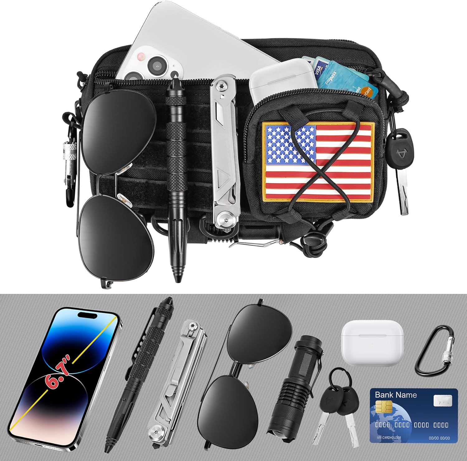 Skiennix Tactical Molle Pouch - Water-Resistant Admin Pouch with US Flag Patch | Versatile Utility for Vests & Backpacks