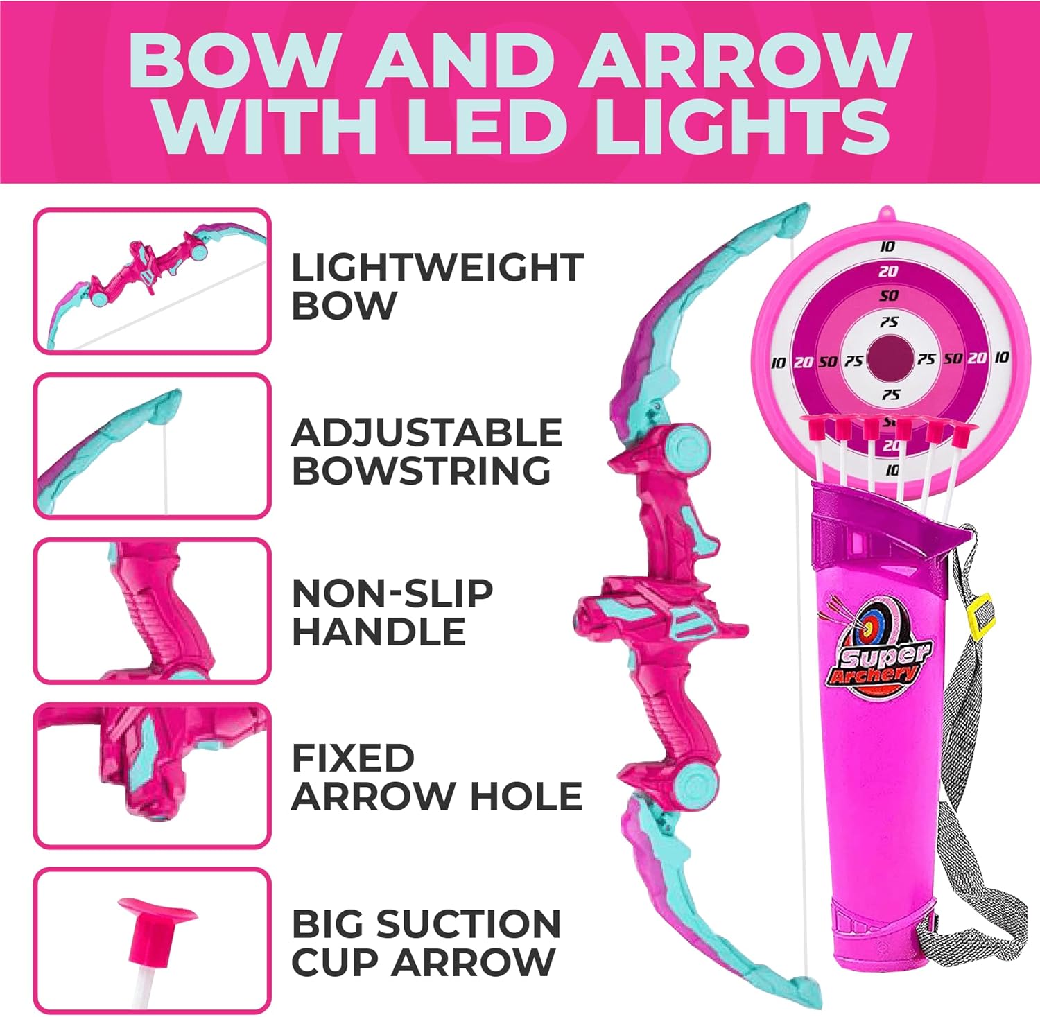 Toysery Kids Archery Set - LED Bow and Arrow Set for Ages 6-8, Includes 6 Arrows, Target & Quiver