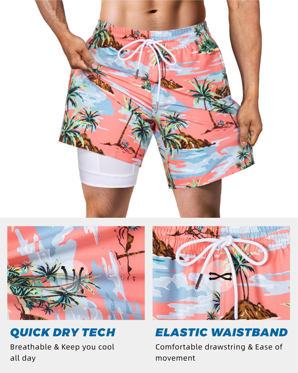 SURF CUZ Mens Swim Trunks with Compression Liner Quick Dry Swim Shorts 7" Swimming Trunks Stretch Bathing Suit 7 Inch,Twilight Beach,XL