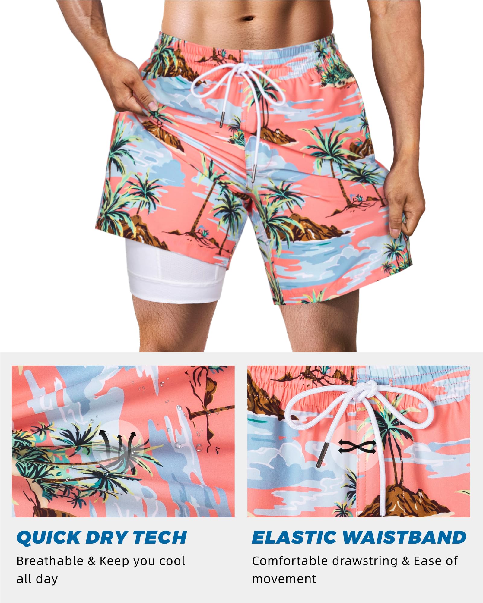 SURF CUZ Mens Swim Trunks with Compression Liner Quick Dry Swim Shorts 7" Swimming Trunks Stretch Bathing Suit 7 Inch,Twilight Beach,XL