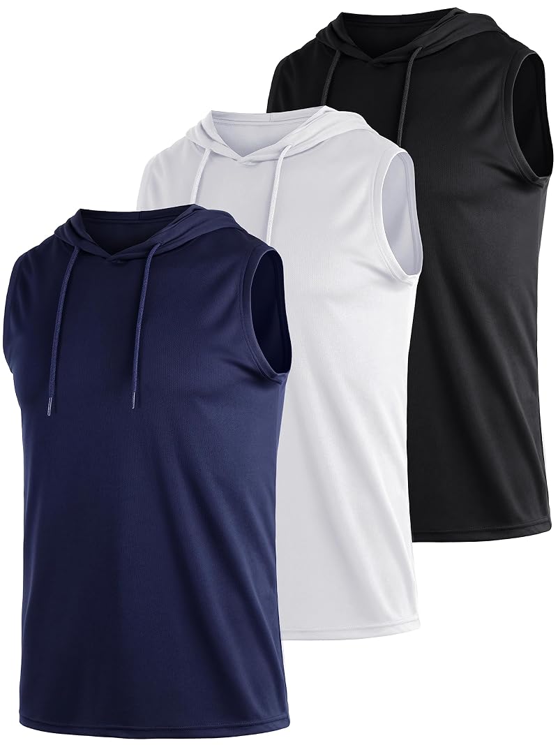 3 Pack Men's Quick Dry Mesh Tank Tops – Sleeveless Hooded Sports Shirts, Black White Blue 4X-Large (Variation)