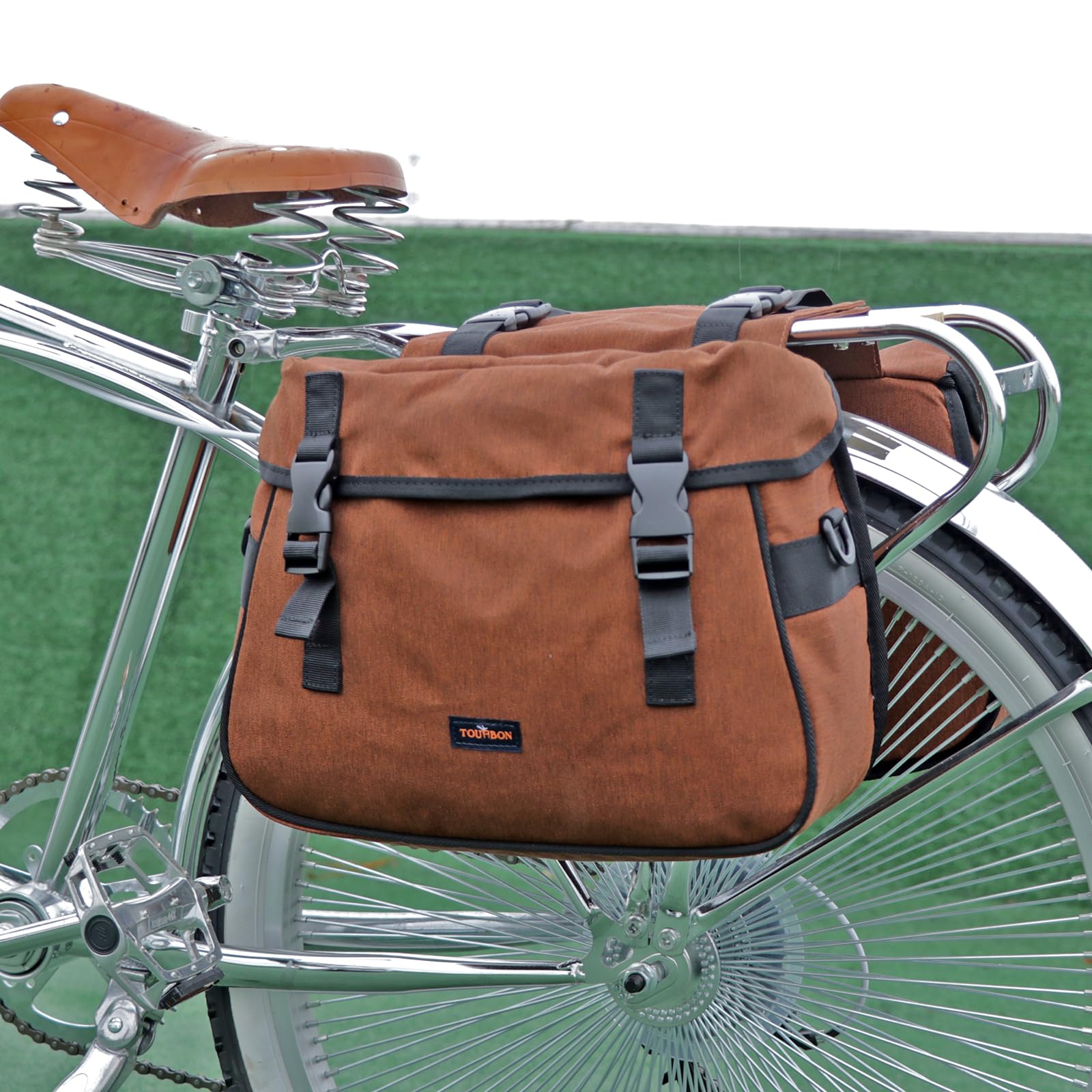 TOURBON Nylon Double Pannier Shoulder Bags Bicycle Rear Rack Trunk Motorcycle Tail Seat Bag - Brown