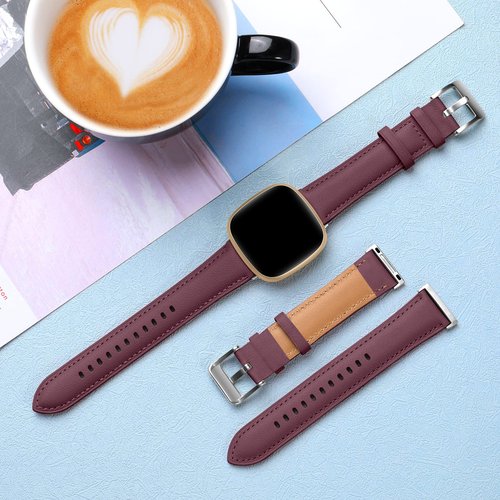 GEAK Leather Band Compatible with Fitbit Sense Bands/Fitbit Versa 3/Versa 4 Bands for Woman Men, Top Grain Genuine Leather Strap Wristband for Fitbit Versa 3/Versa 4/Sense Smartwatch, Wine Red