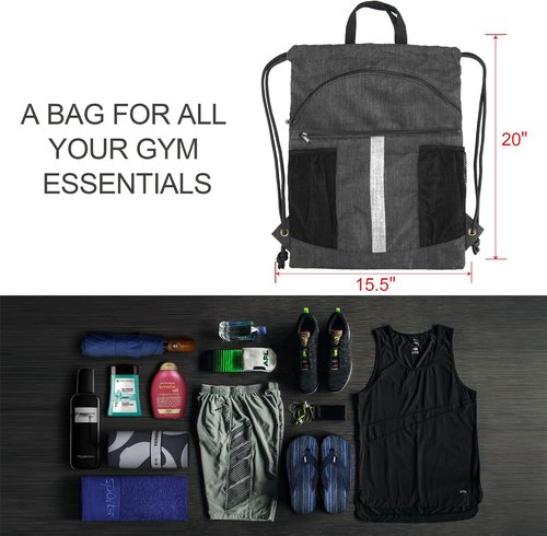 BeeGreen Drawstring Backpack - X-Large Black Gym Bag with Shoe Compartment for Sports