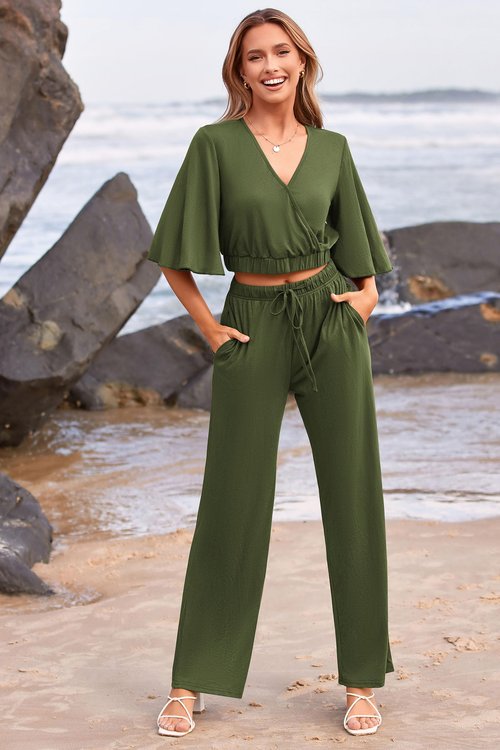 PRETTYGARDEN 2 Piece Outfits for Women Summer Casual Short Sleeve Wrap V Neck Crop Tops Wide Leg Pants Set (Army Green,Medium)