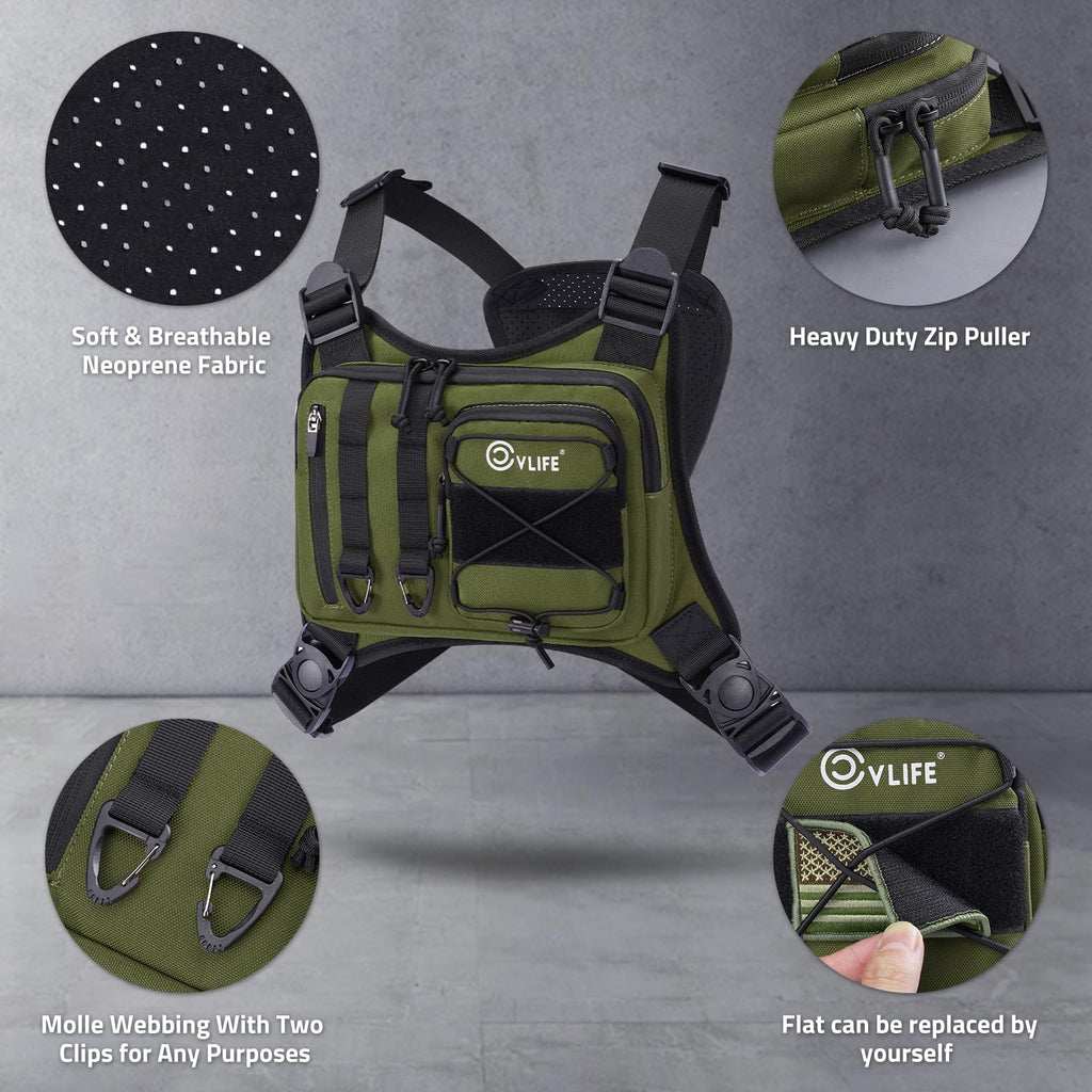 CVLIFE Outdoor Chest Bag for Men, Tactical Chest Pack with Phone Holder, Adjustable Running Vest Bag with Extra Storage, Lightweight Anti-theft EDC Rig for Hiking, Cycling, Sports, Workouts, Green