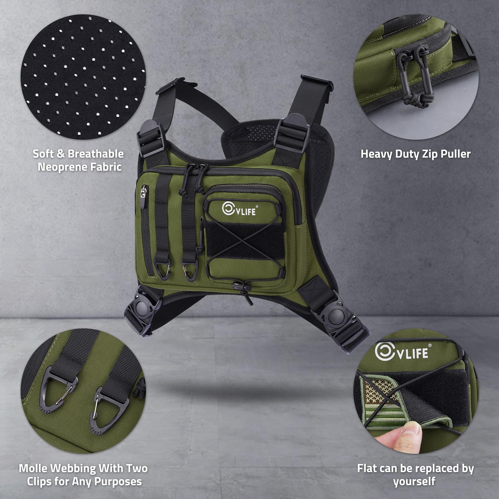 CVLIFE Outdoor Chest Bag for Men, Tactical Chest Pack with Phone Holder, Adjustable Running Vest Bag with Extra Storage, Lightweight Anti-theft EDC Rig for Hiking, Cycling, Sports, Workouts, Green
