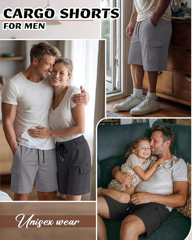 Men's 3 Pack Cargo Shorts – Athletic Sweatshorts with Pockets, Drawstring Waistband, Lightweight 95% Polyester 5% Spandex – Black, Light Gray, Dark Gray (XL) Variation