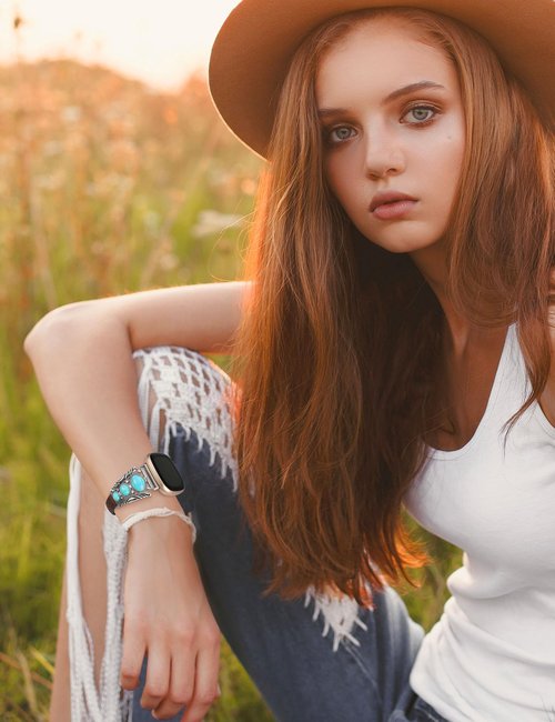 Minyee Leather Band Compatible with Fitbit Versa 4/Versa 3/Sense 2/Sense Band Women, Western Turquoise Boho Vintage Cowboy Retro Jewelry Adjustable Slim Replacement Wristband Strap for Versa 4