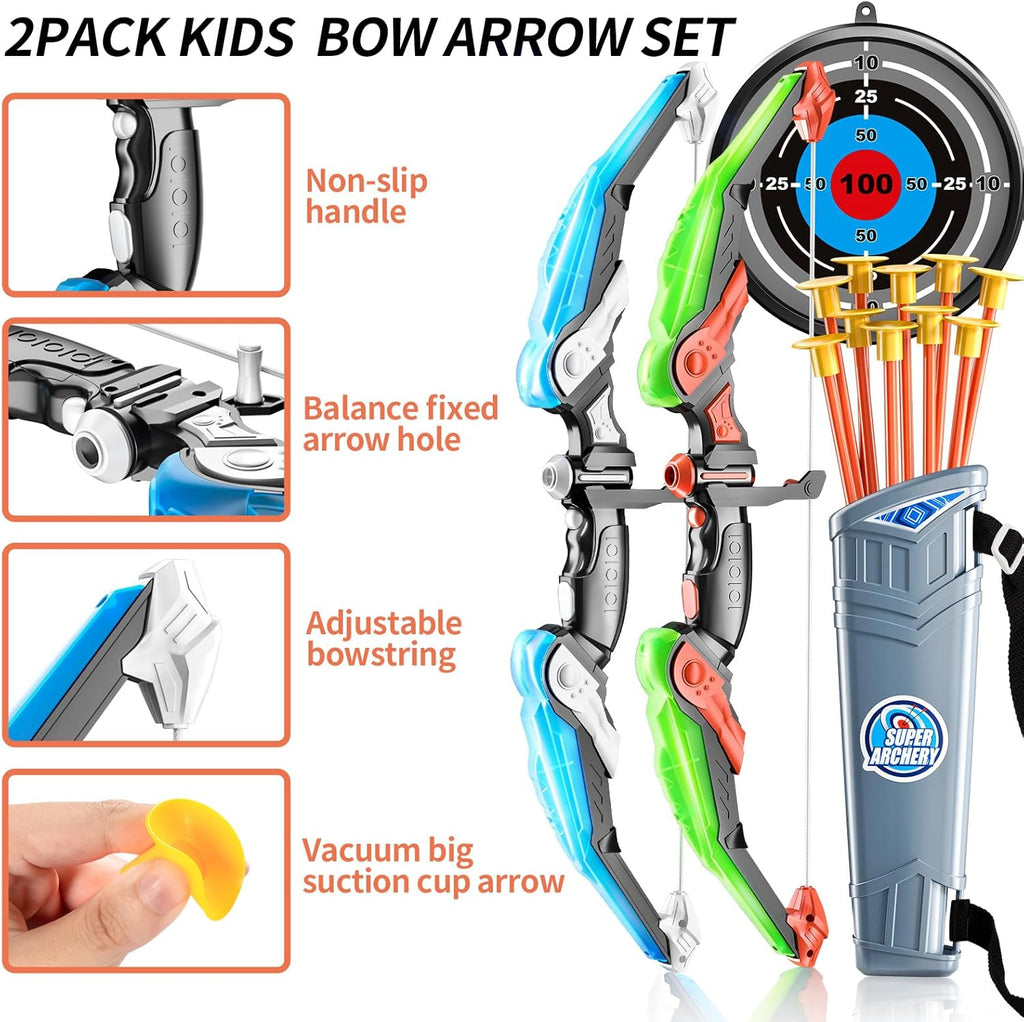 Skiennix Bow and Arrow Set - LED Light-Up Archery Toy with 20 Suction Cup Arrows & Quiver | Ages 3-12