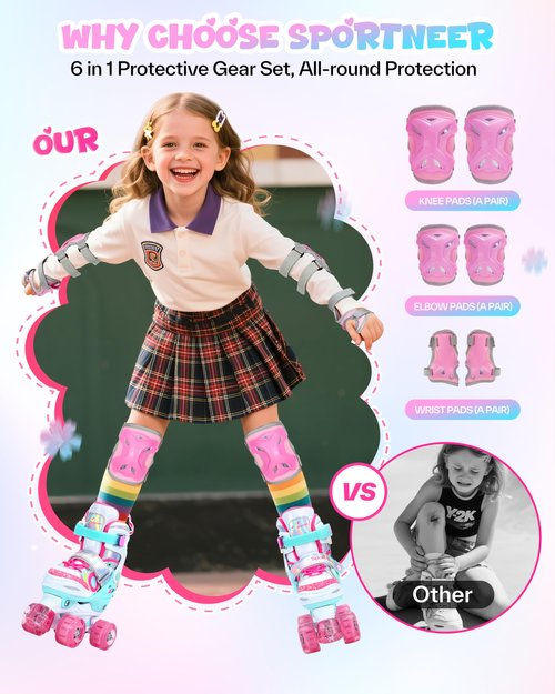 Sportneer Kids Roller Skates with Protective Gear Set, 4 Size Adjustable Girls Roller Skates with 8 Flash LED Wheels, Safe & Fun Skates for Toddlers Ages 3-12 Indoor Outdoor Use