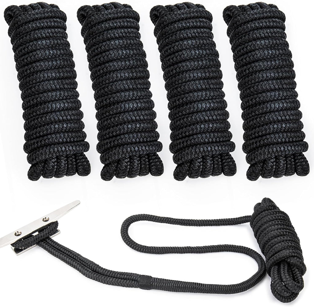Premium Marine-Grade Dock Lines by [Brand Name] - 4 Pack 1/2" x 15’ Double Braided Nylon with 12" Eyelet - Black