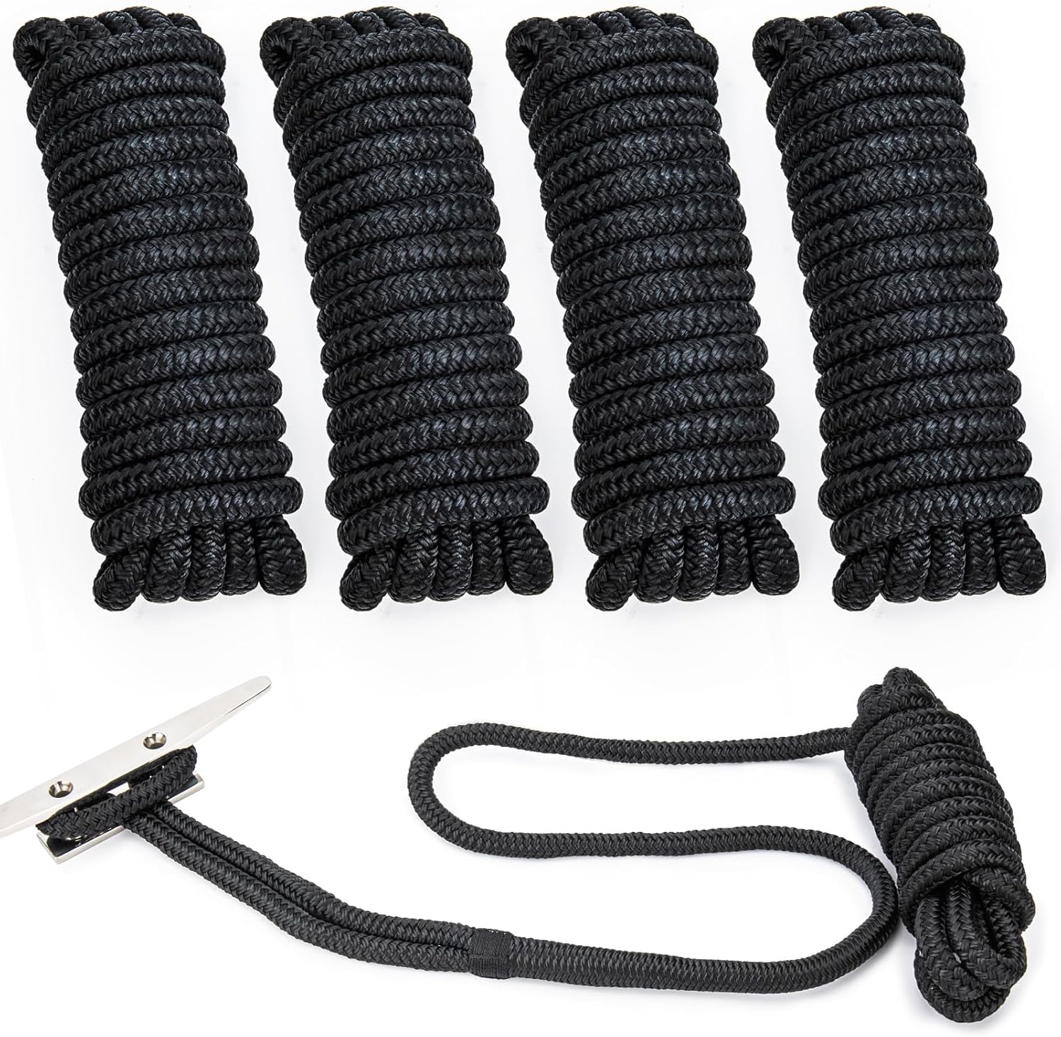Premium Marine-Grade Dock Lines by [Brand Name] - 4 Pack 1/2" x 15’ Double Braided Nylon with 12" Eyelet - Black