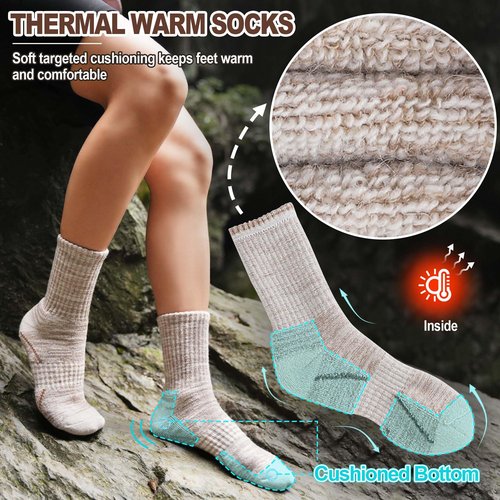 Sandsuced Merino Wool Hiking Socks Thermal Warm Winter Cozy Outdoor Crew Socks 5 Pairs Gift Stocking Stuffers for Women Men(Black/Khaki/Gray,L)