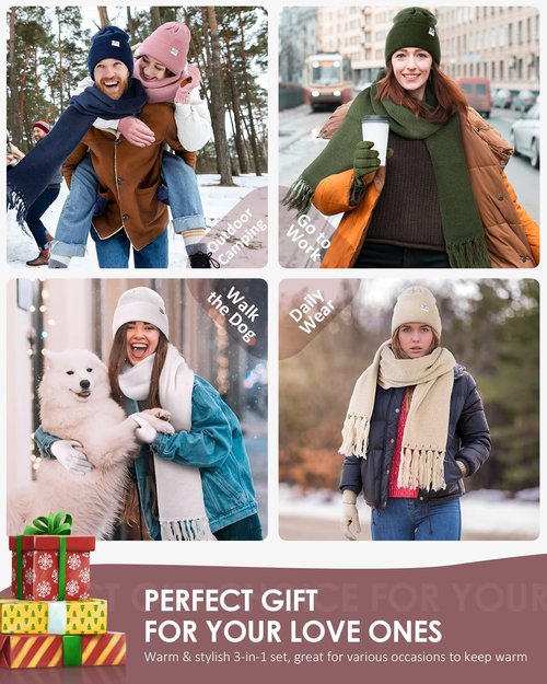 Womens Satin Lined Beanie Scarf Gloves Set, Silk Lined Winter Hats Long Knit Scarf Touchscreen Gloves, Fashionable Warm 3 in 1 Gift Set for Women Men(Pink)